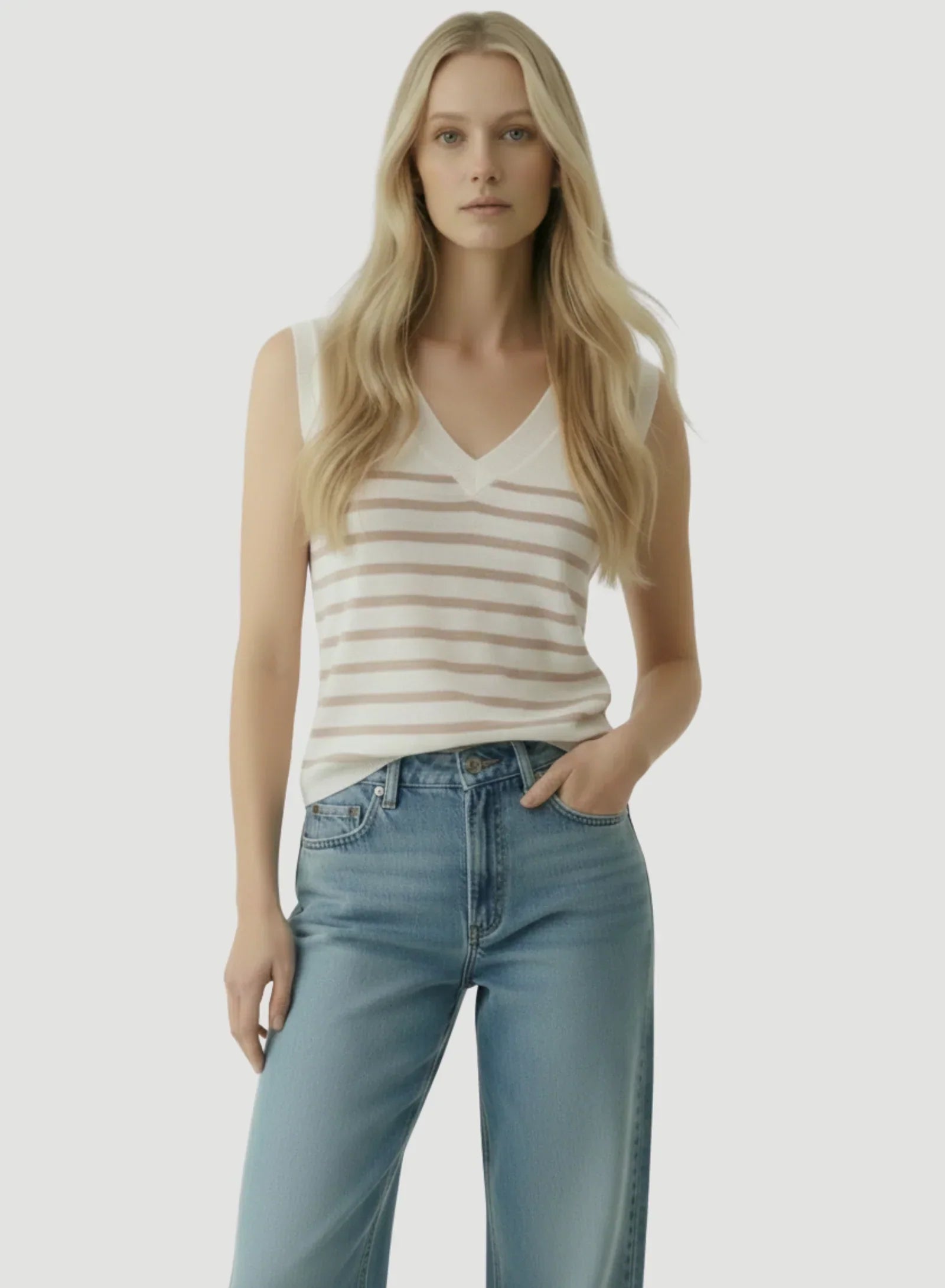 Linen Knit Stripe Cap Sleeve V-Neck